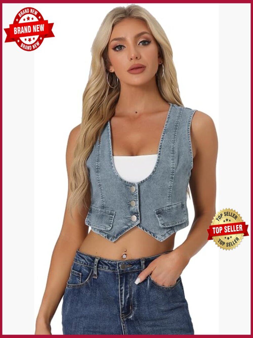 Women's Denim Vest Sleeveless Button Down Cropped Casual Jean Vest Top